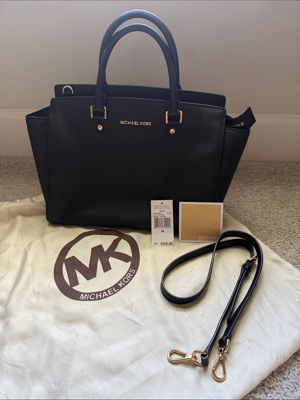 Michael Kors Black Leather Satchel with Gold Hardware